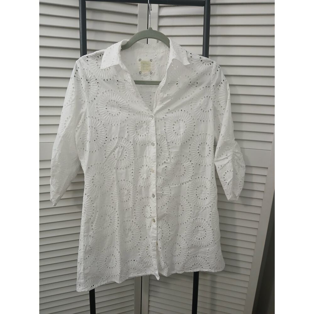 Sigrid Olsen Studio White Button Down Blouse Eyelet Lace 3/4 Ruffle Sleeve   M